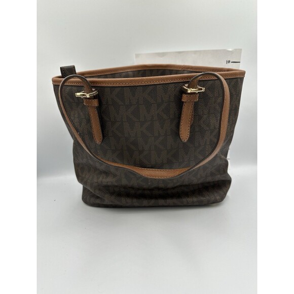 MICHAEL KORS Jet Set Medium Top Zip Signature Logo Tote Brown Luggage - Picture 2 of 10